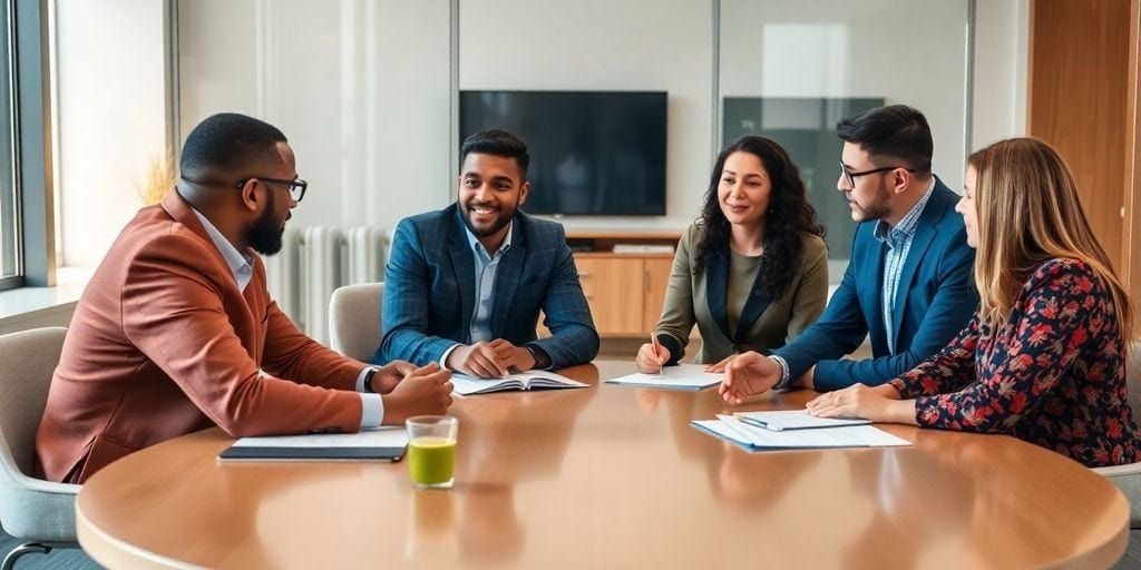 CEOs engaged in a roundtable discussion in an office.