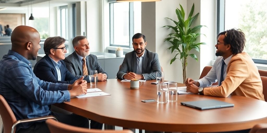 Diverse CEOs in a roundtable discussion in a conference room.