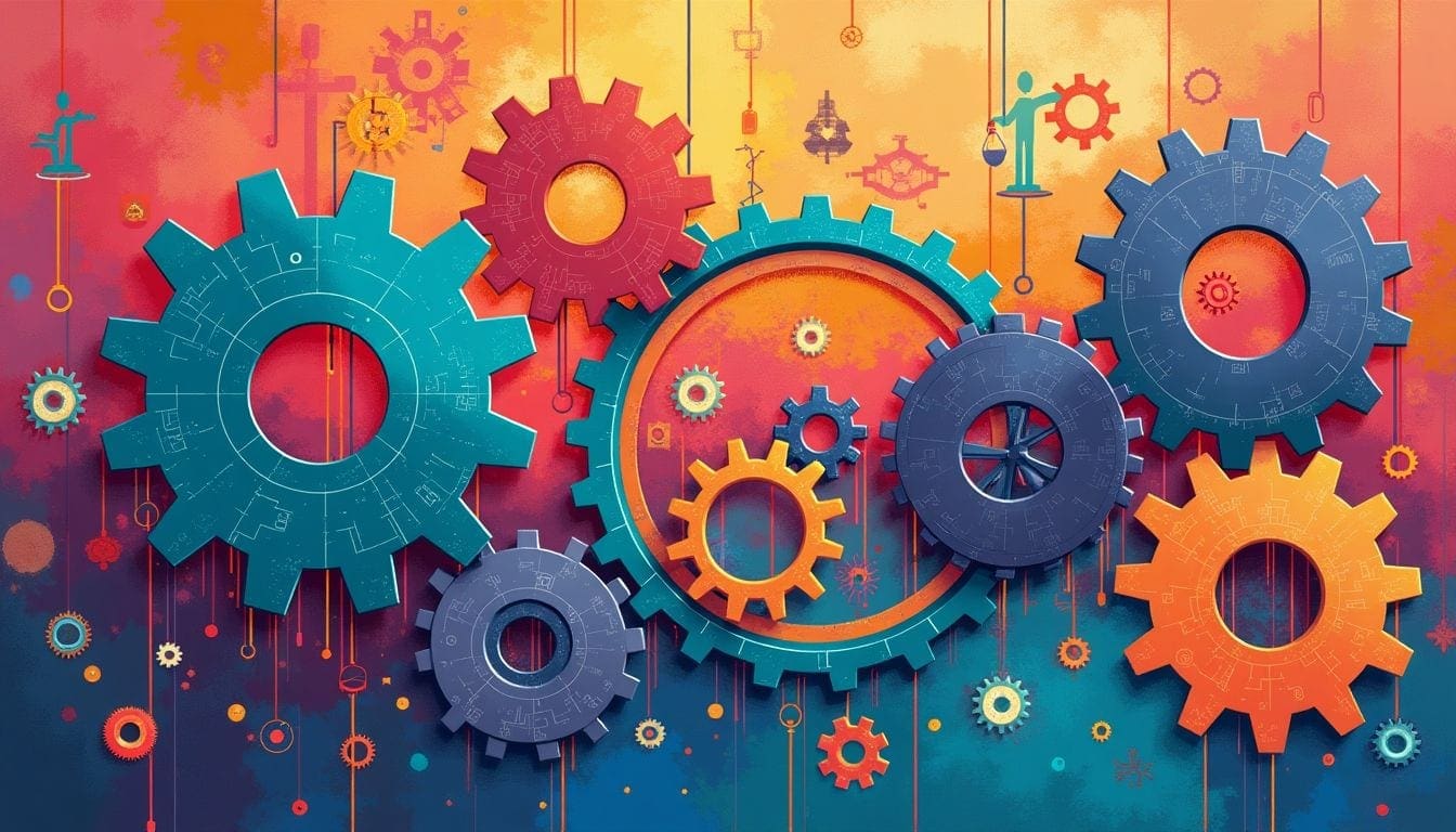 Interconnected gears illustrating systems thinking in leadership.