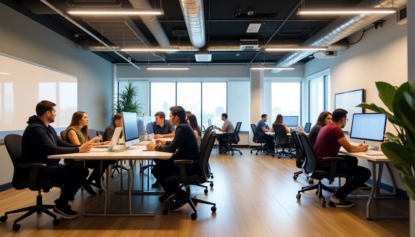 Modern SaaS office with collaborative workspaces and engaged employees.