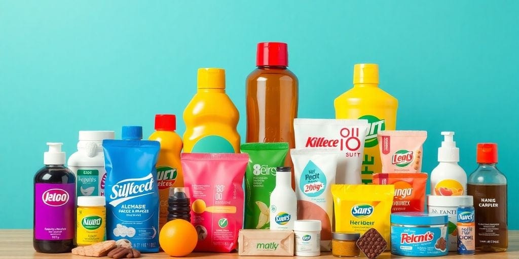 Colorful products illustrating brand positioning and competition.