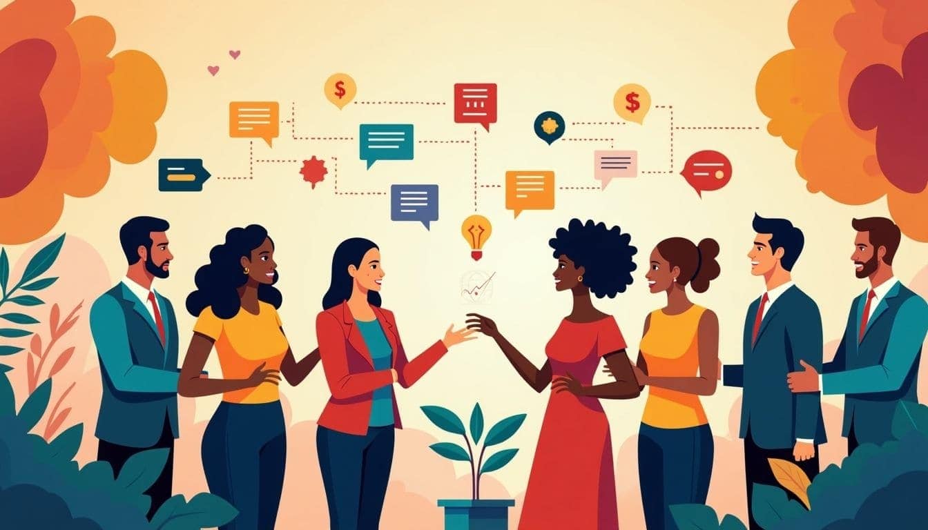 Diverse professionals collaborating and sharing ideas in business.