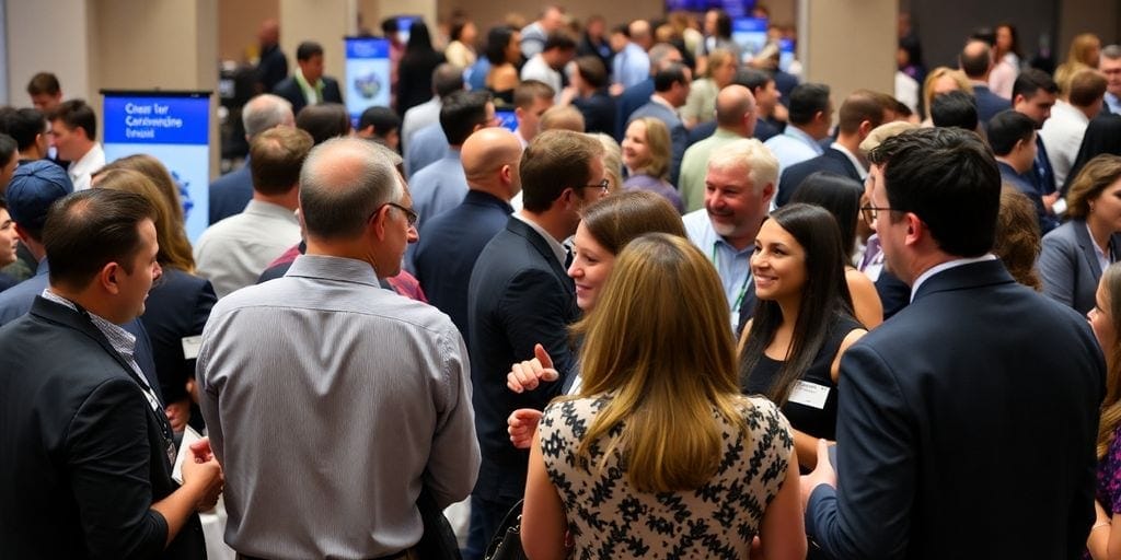 Diverse professionals networking and sharing ideas in business.