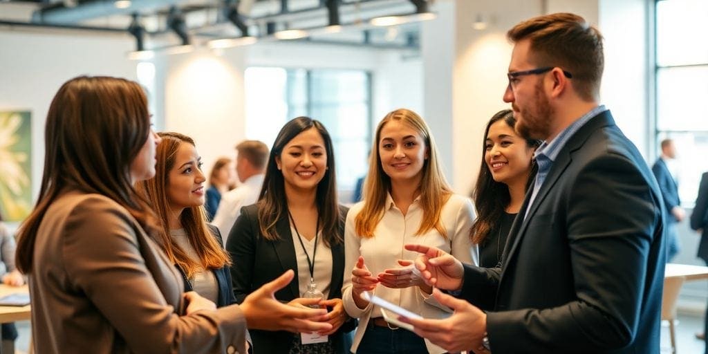 Professionals collaborating and networking in a bright setting.