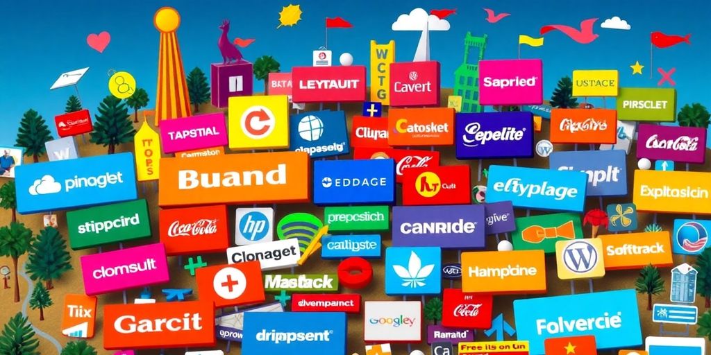 Colorful brand elements in a dynamic landscape.