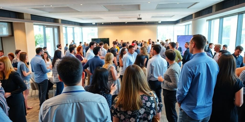 Leaders networking in a bright conference room.