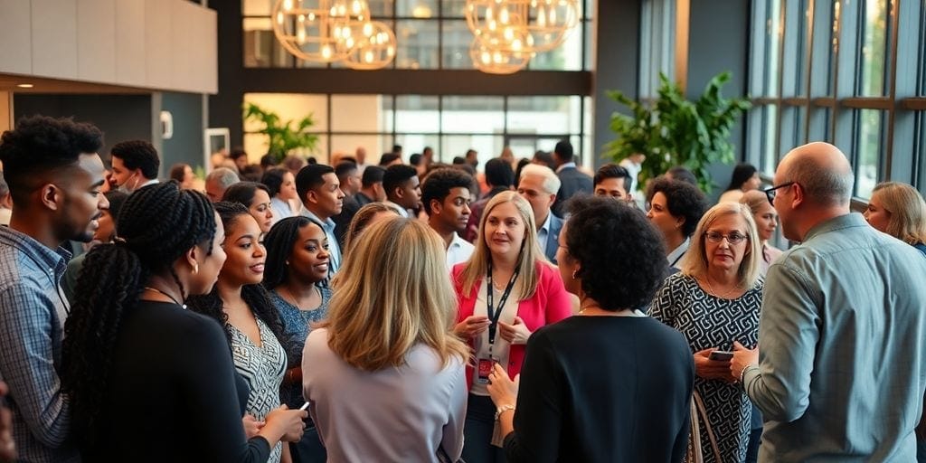 Diverse leaders networking in a modern Atlanta venue.