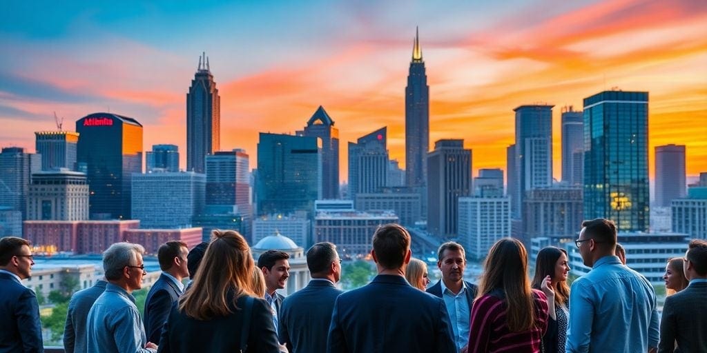Group of people enjoying the atlanta skyline at sunset.