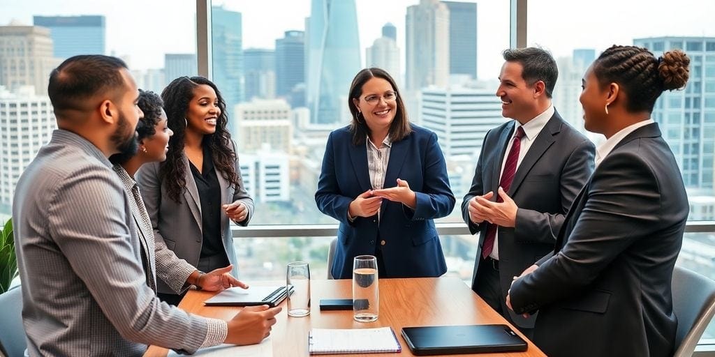 Diverse Atlanta executives networking in a modern office setting.