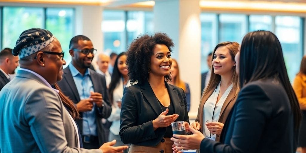 Diverse group of executives networking at a business event.