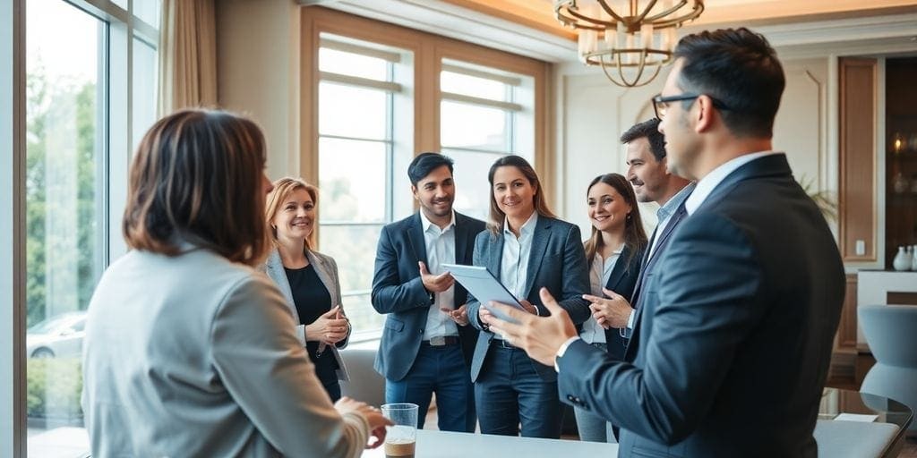 Group of professionals discussing ideas in a modern office.