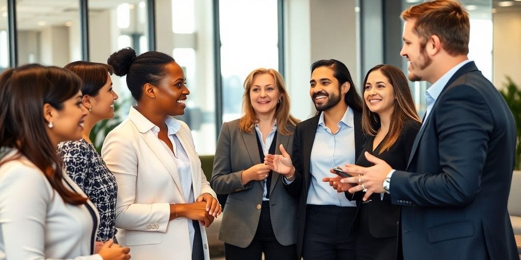 Group of executives networking in a modern office setting.
