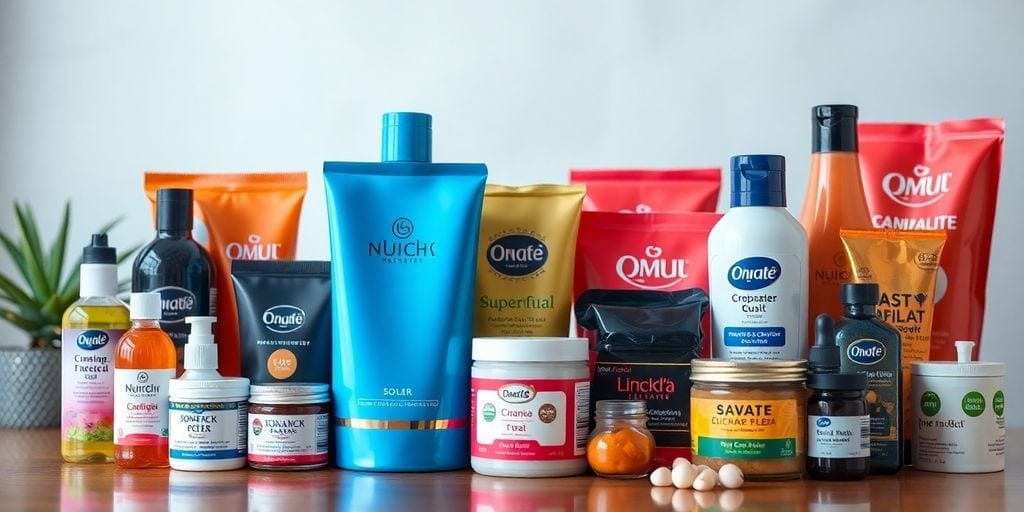 Colorful products arranged to depict brand positioning.