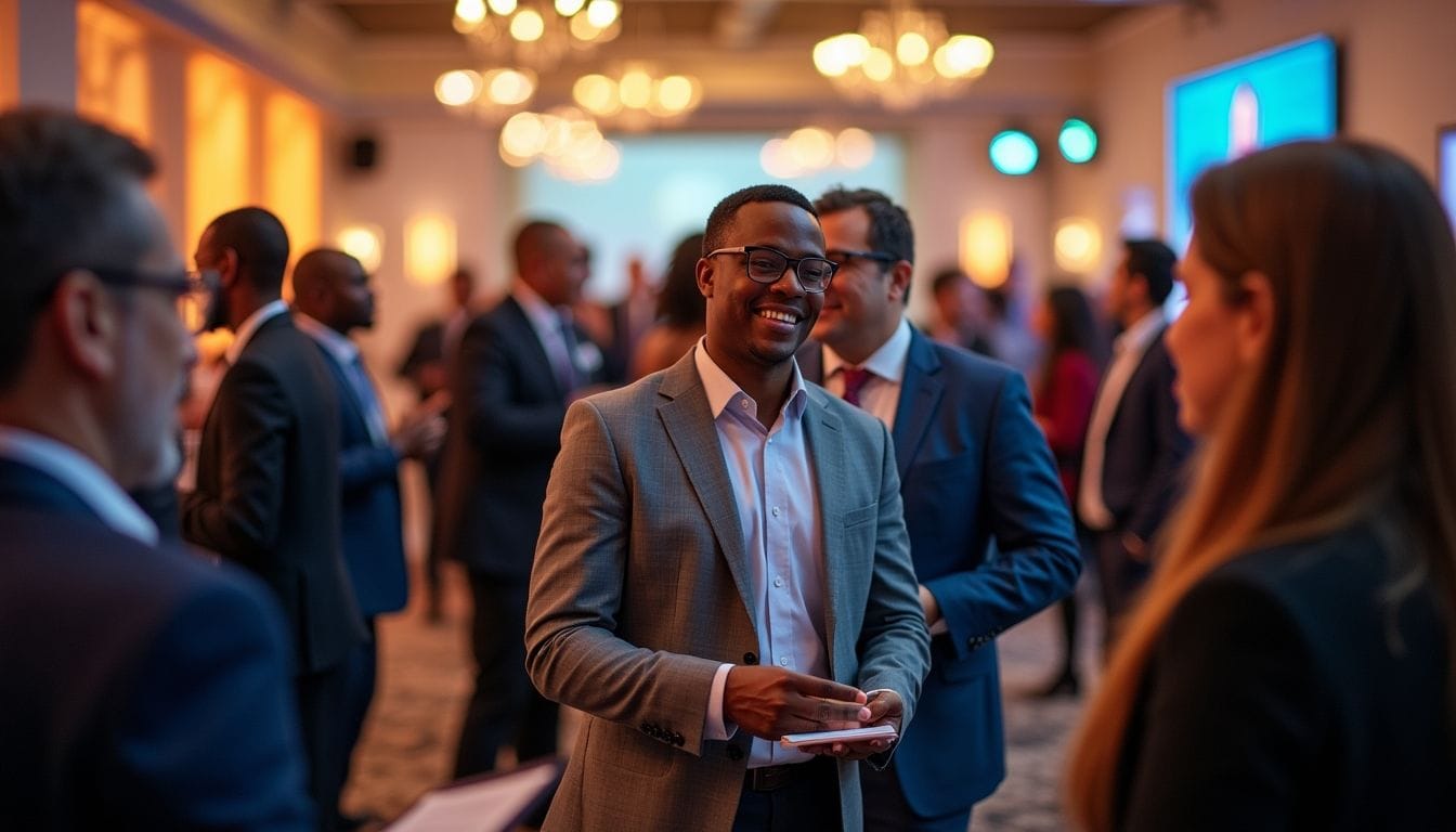 Executives networking at a vibrant professional event.