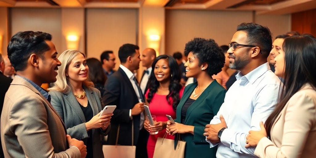 Executives networking at a vibrant professional event.
