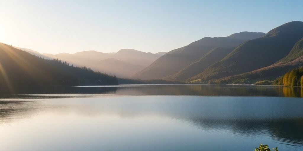 Tranquil lake and mountains, symbolizing peaceful financial planning.