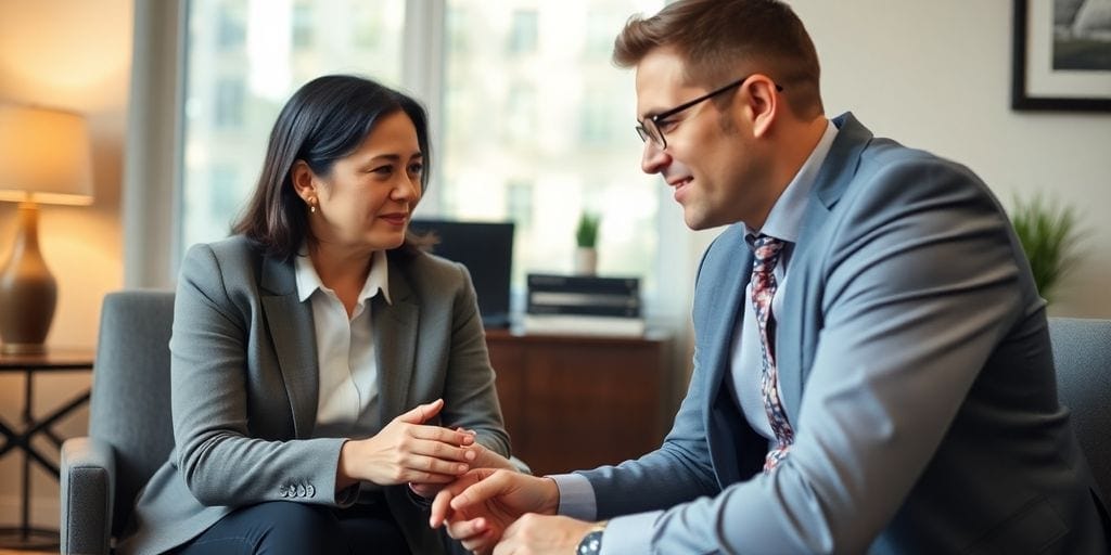 Financial advisor meeting with a client in an office.