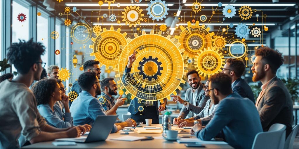 A diverse group of people in business attire sit around a conference table. Above them, bright yellow and orange gears and digital icons suggest ideas and teamwork. The room is modern with large windows.