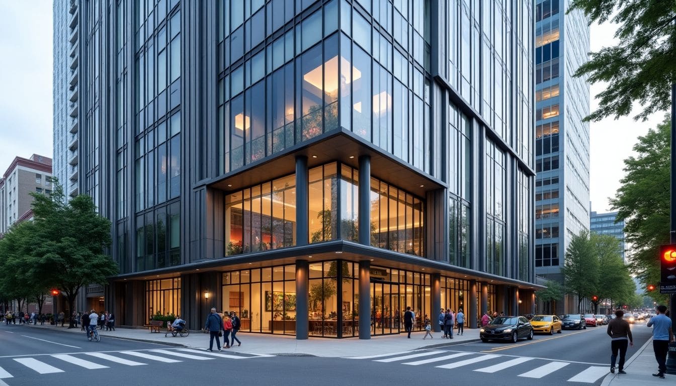 A modern glass skyscraper stands at a bustling city corner. The ground floor is brightly lit, visible through large windows. People walk along the sidewalks, and a few cars are on the street. Trees line the road, adding greenery to the urban scene.