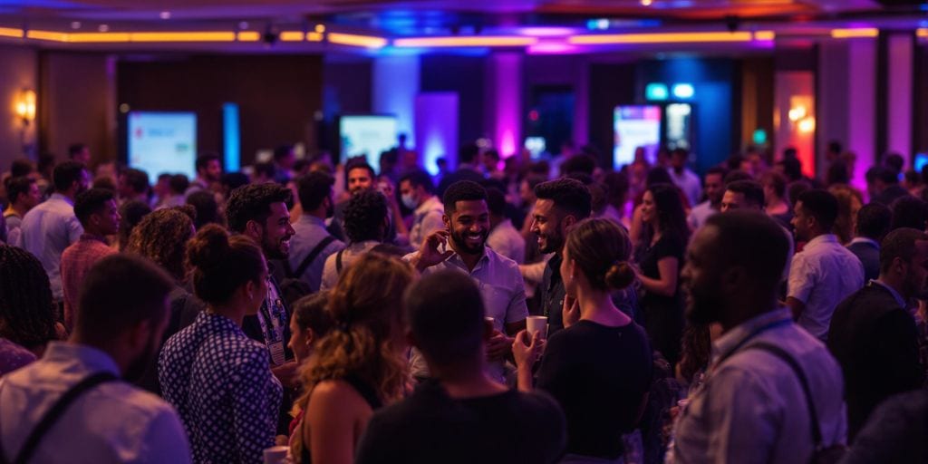 A large group of people mingling at an indoor event. The room is lit with colorful lights, creating a vibrant atmosphere. Attendees are engaged in conversation, wearing a mix of casual and formal attire.