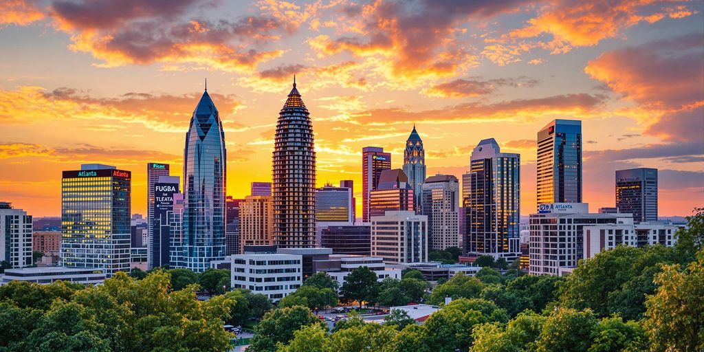 A vibrant city skyline at sunset with tall, modern buildings silhouetted against a dramatic orange and yellow sky. Below, lush green trees frame the cityscape, highlighting the contrast between nature and urban architecture.