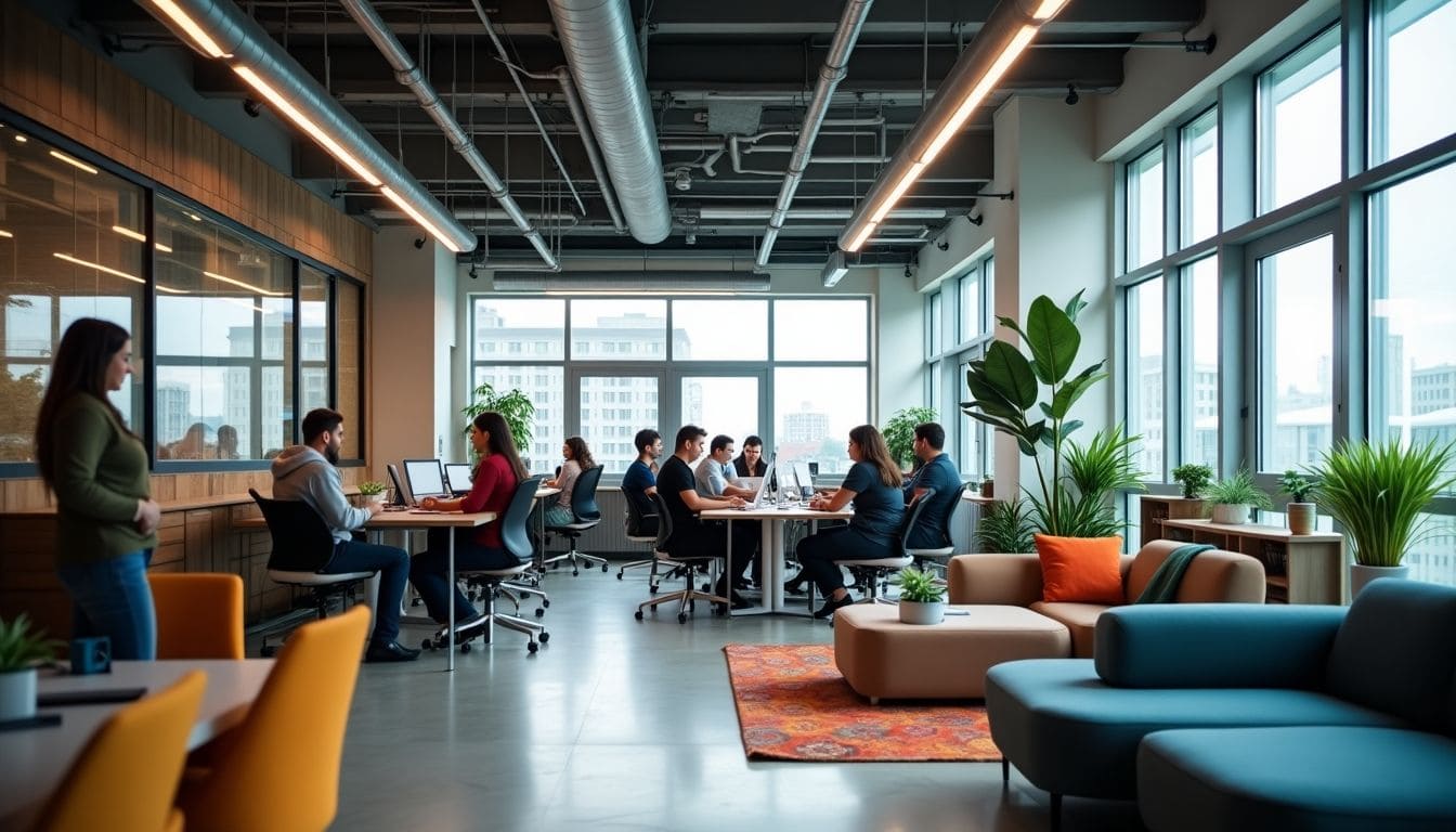 A modern office space with people working at desks and on laptops. The room features large windows, natural light, and green plants. Comfortable seating areas with sofas and colorful chairs are visible in the foreground.