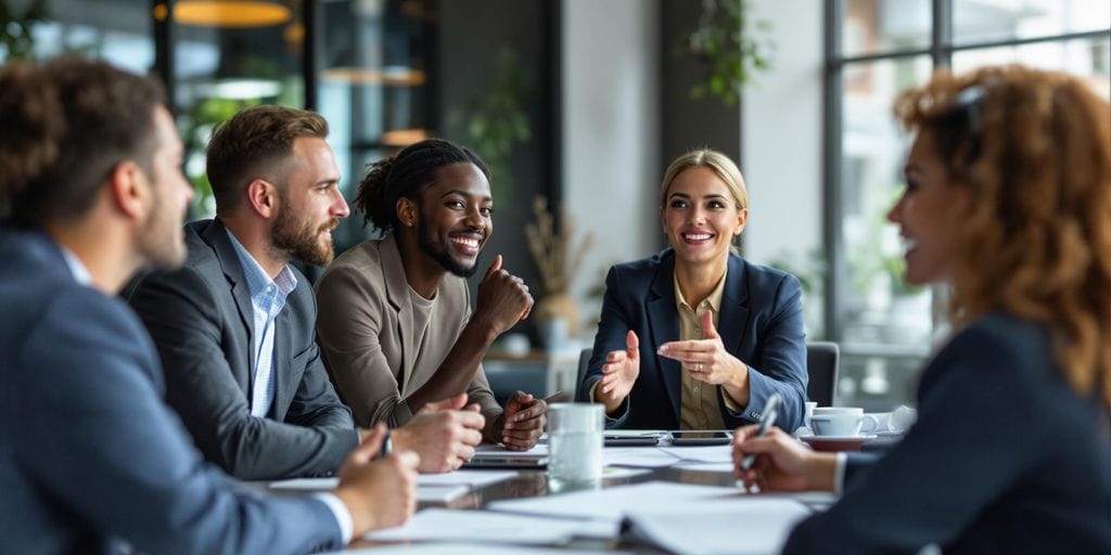 A group of business professionals sits around a table in a modern office setting. They are engaged in discussion, with papers and pens on the table. The atmosphere seems positive and collaborative, with people smiling and gesturing as they talk.