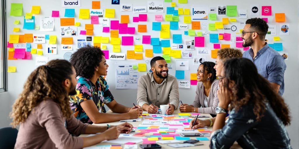 A diverse group of seven people sit around a table covered in colorful sticky notes and papers. Behind them, a wall filled with more sticky notes and brand logos. They are engaged in a lively discussion, smiling and exchanging ideas.