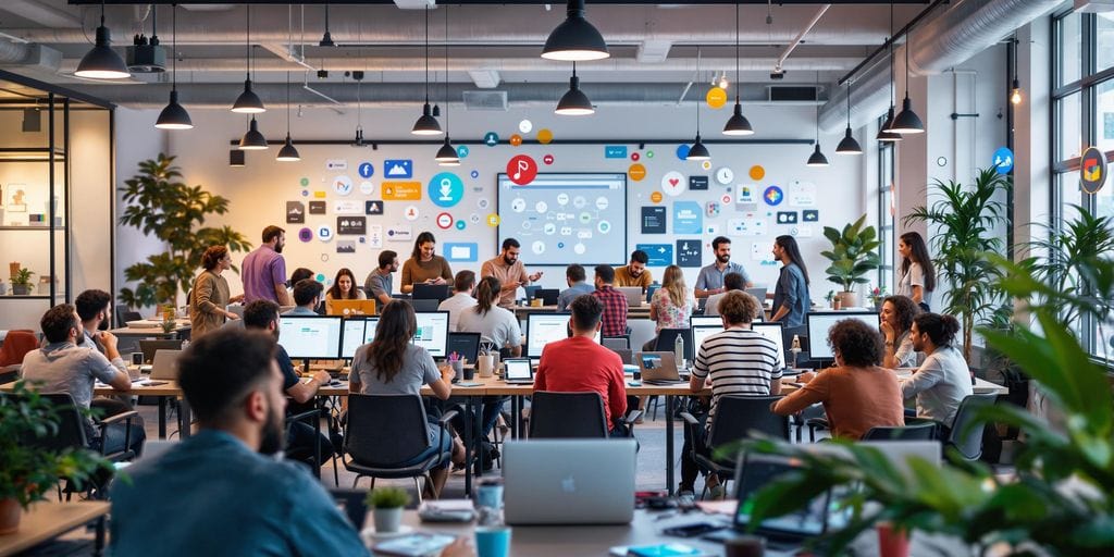 Entrepreneurs collaborating in a modern co-working space.