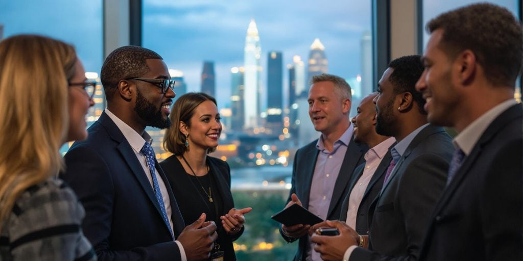 A diverse group of professionally dressed individuals are engaged in conversation at a networking event. A city skyline is visible through the large windows behind them, illuminated in the evening light.