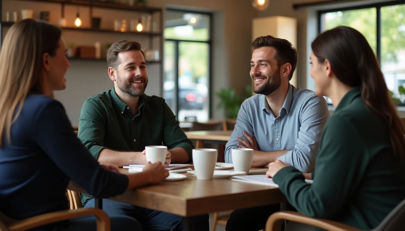 Four people sit at a wooden table in a bright, modern café, engaged in conversation. They each have a cup in front of them. The atmosphere is warm and spacious, with large windows and hanging lights.