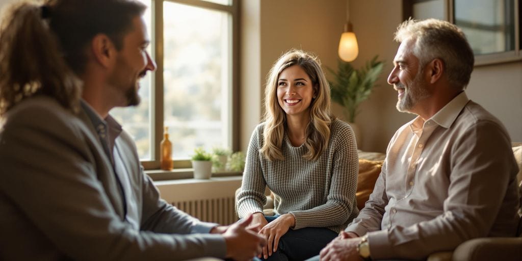 Three people are sitting and talking in a well-lit room with large windows. A woman in a gray sweater is smiling, engaged in conversation with two men, one with long hair and the other with gray hair and a beard. There's a plant in the background.