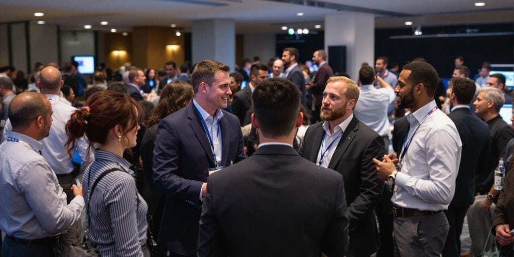 A group of business professionals engaged in conversation at a networking event. They are dressed in formal attire with name tags, standing in a spacious room filled with people. Some are smiling and holding drinks as they converse.