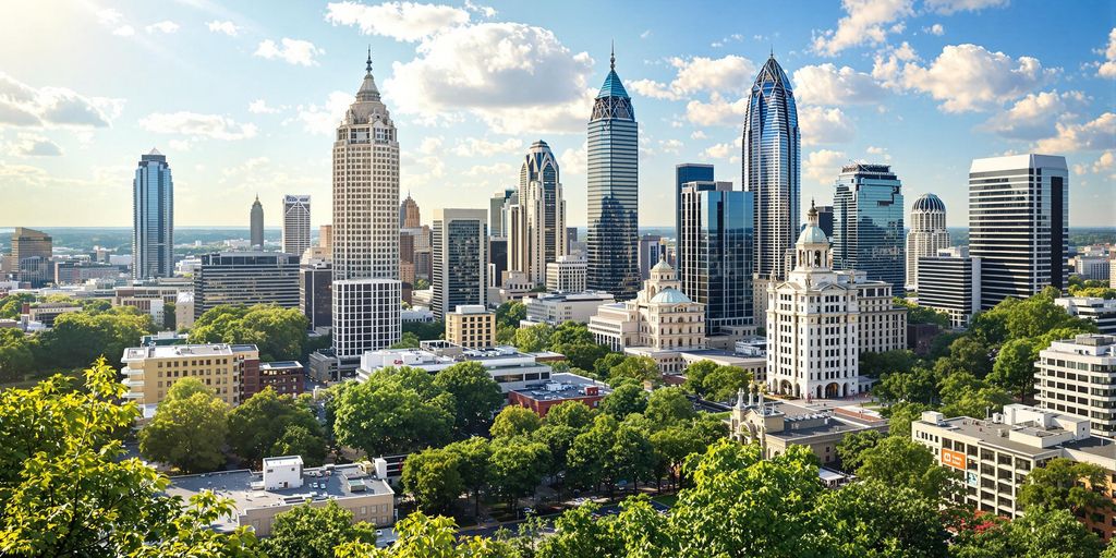 Skyline of a bustling city with a mix of modern skyscrapers and historic buildings, surrounded by lush green trees under a partly cloudy sky.