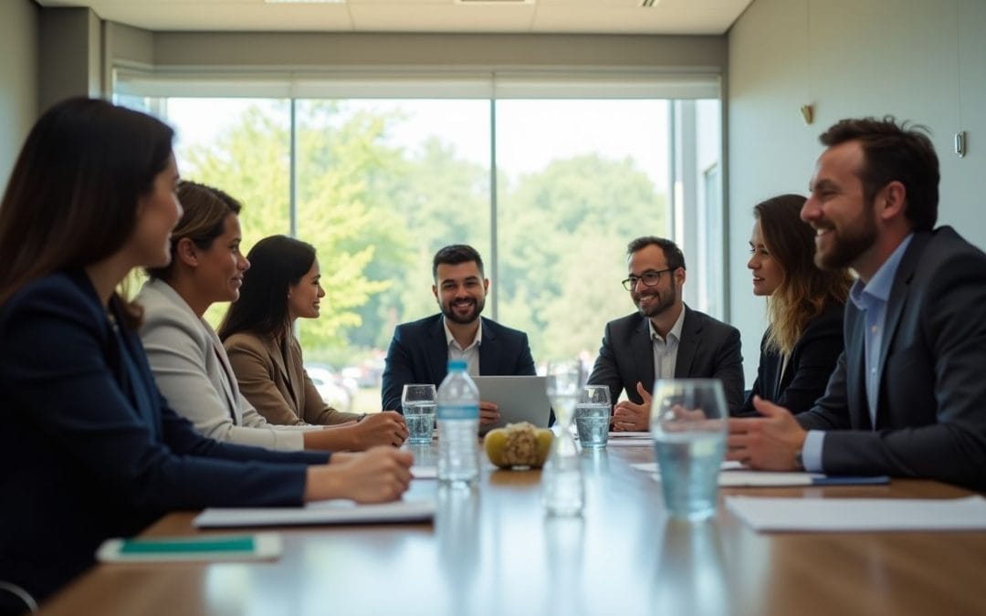 A group of seven people in business attire sit around a conference table in a well-lit room with large windows. They appear to be engaged in a meeting, with some taking notes and a laptop open in front of one person.