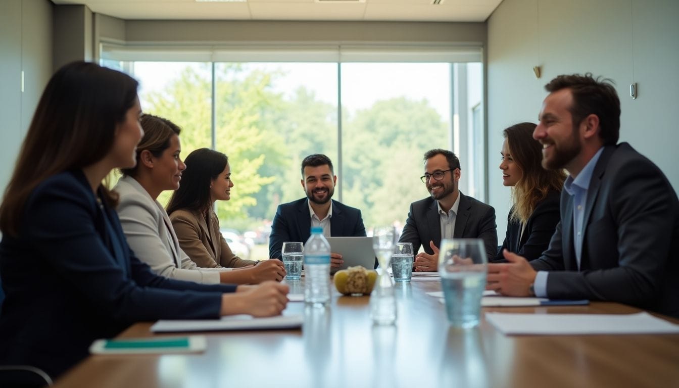 A group of seven people in business attire sit around a conference table in a well-lit room with large windows. They appear to be engaged in a meeting, with some taking notes and a laptop open in front of one person.