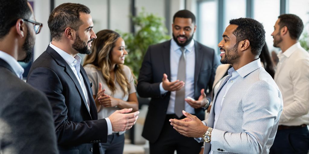 A diverse group of business professionals in formal attire engage in animated conversations at a networking event. They are smiling and gesturing, with a background of a bright, modern office space adorned with plants.