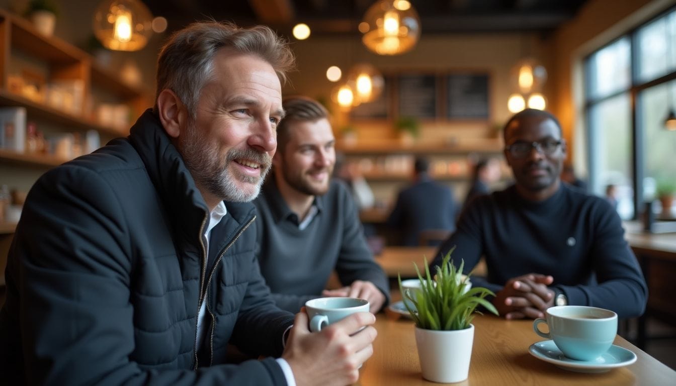 Three men sit at a cafe table, smiling and engaging in conversation. The setting is warmly lit and cozy, with coffee cups and a small potted plant in the foreground. Shelves with decorations are visible in the background.