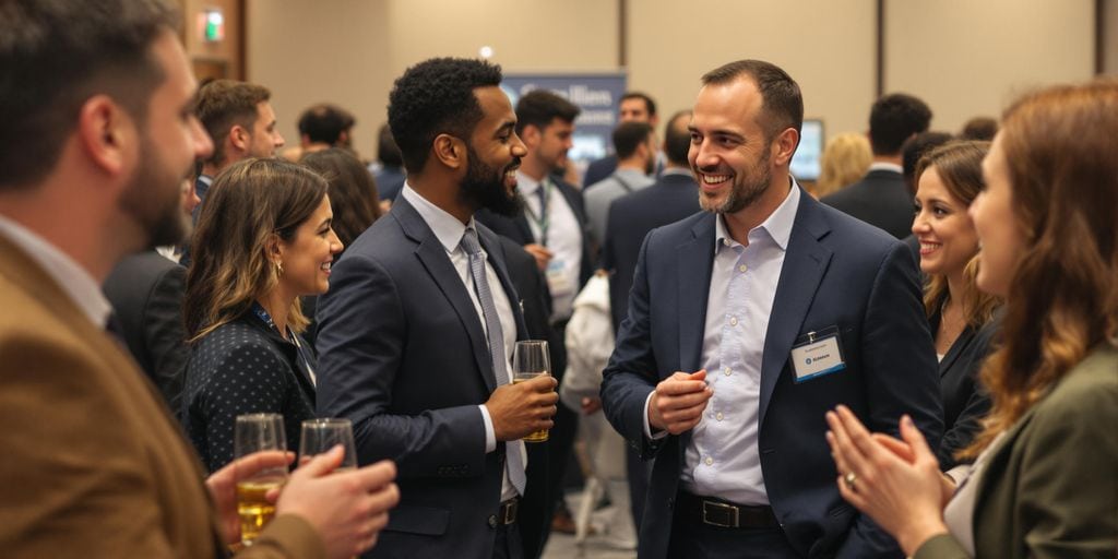 A group of professionally dressed people engage in conversation at a networking event. They are smiling, holding drinks, and wearing name tags, standing in a room with other attendees in the background.