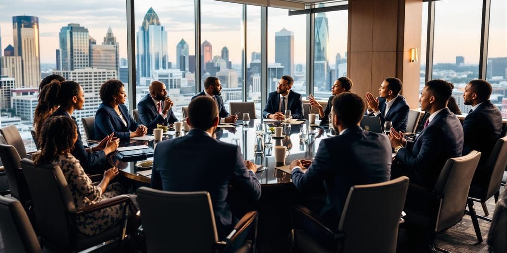 A diverse group of business professionals is engaged in a meeting around a large conference table in a high-rise office. The cityscape view is visible through the floor-to-ceiling windows. Some individuals are talking, while others are listening.