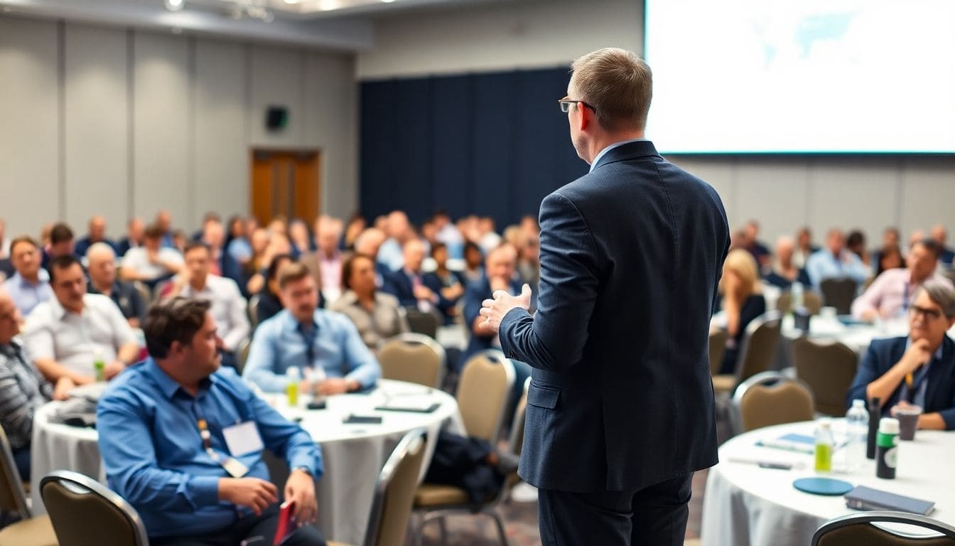 Public speaker engaging an audience at a conference.