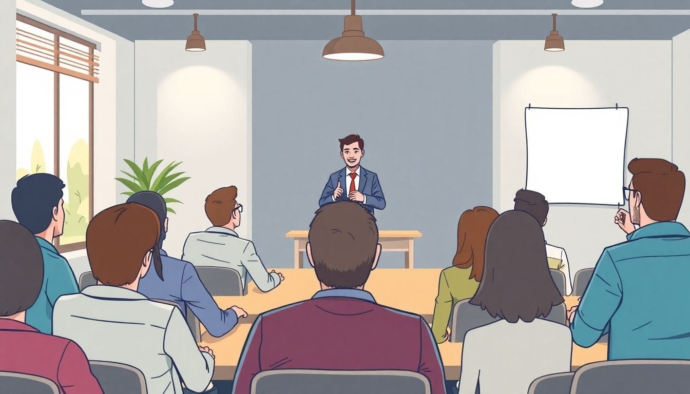 Confident speaker addressing a casual audience in a conference room.