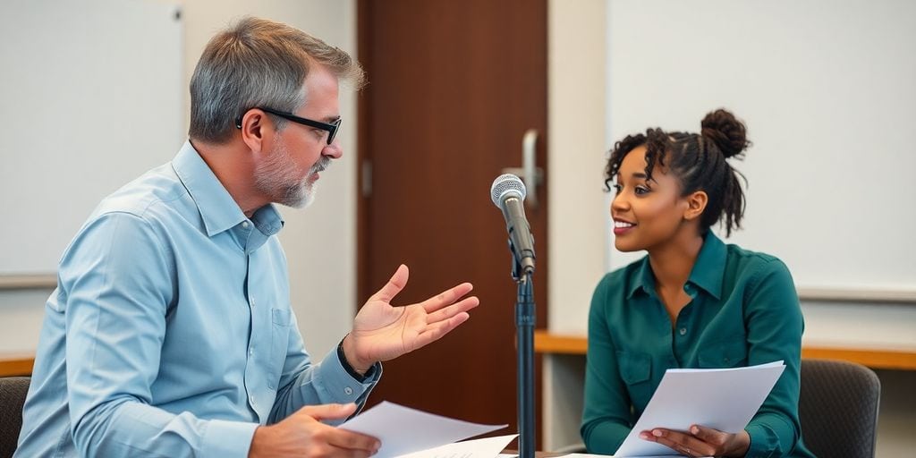 Coach mentoring a student in public speaking session.