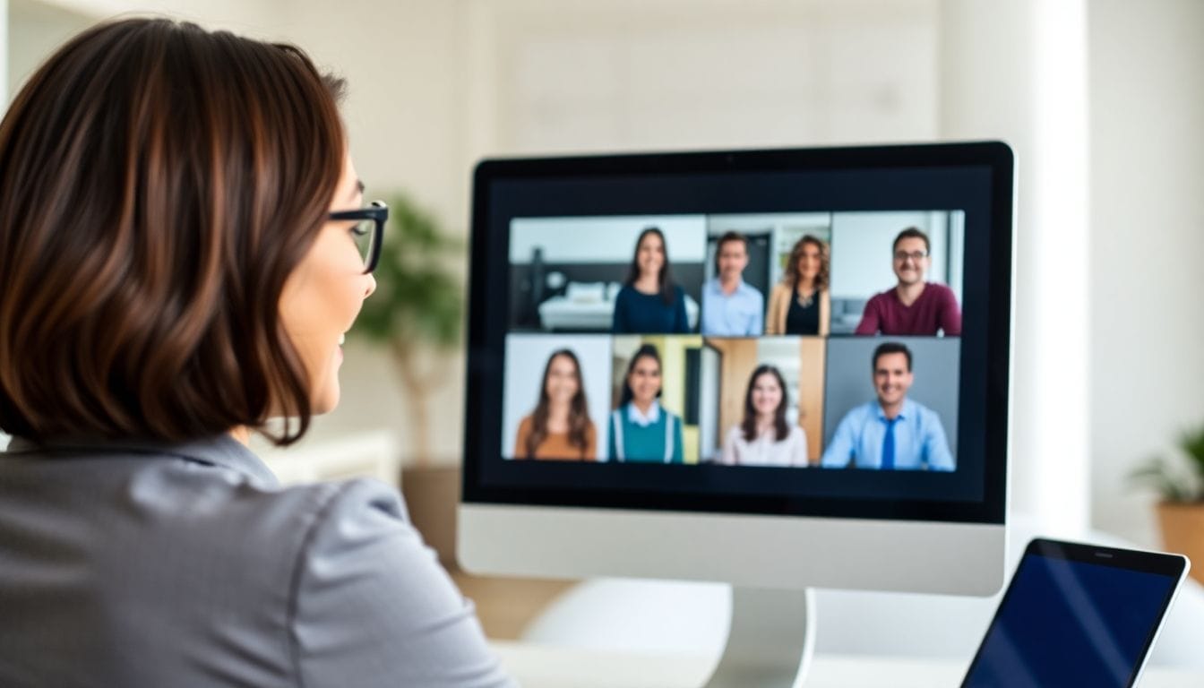 Woman speaking on Zoom call with engaged coworkers.