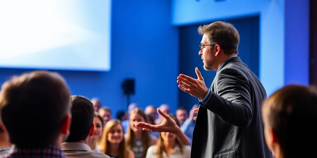 Presenter using confident body language in a presentation.