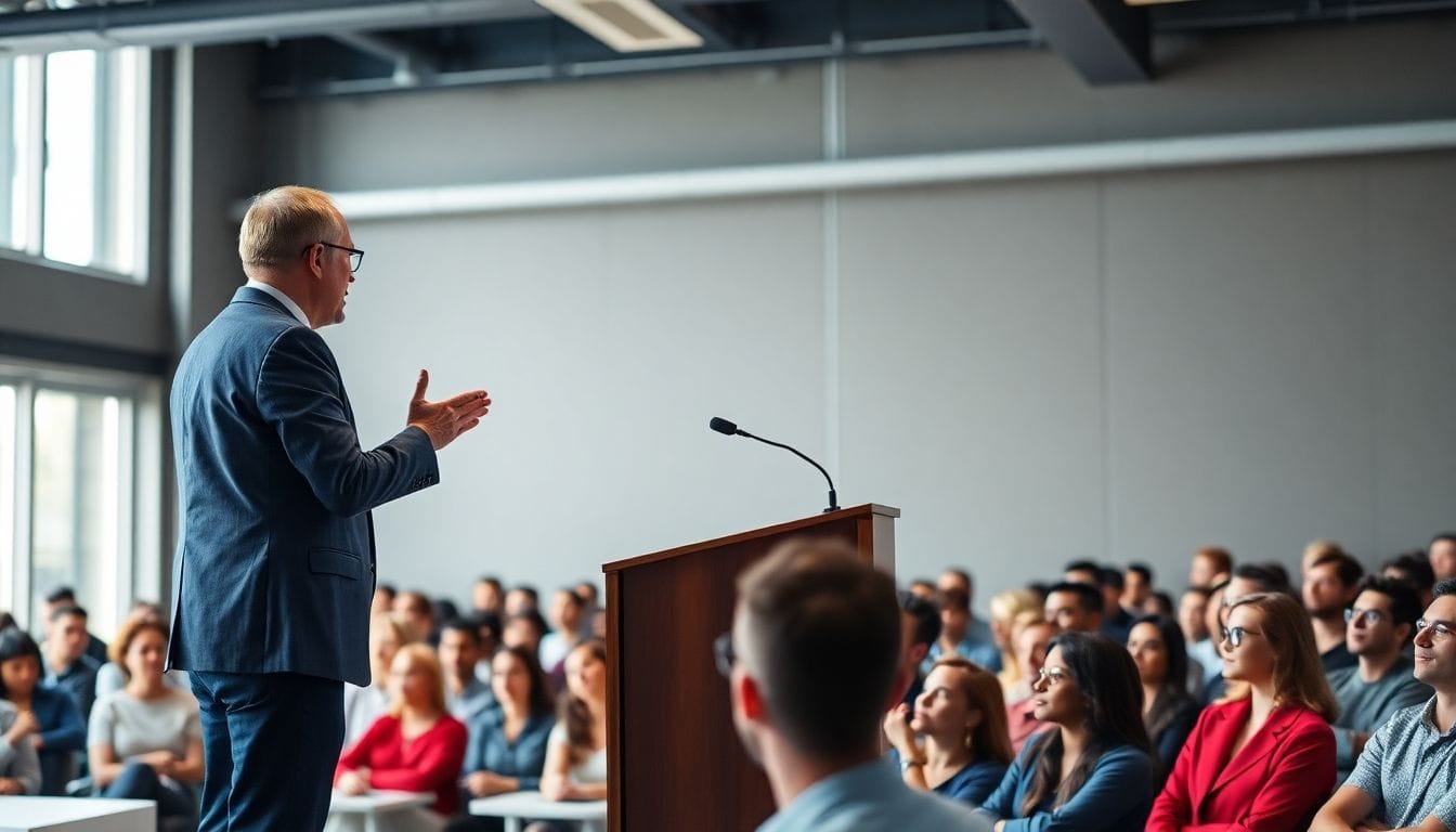 Confident speaker engaging an attentive audience in presentation.