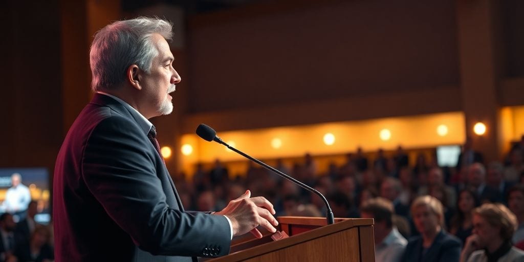Speaker delivering a powerful speech to an engaged audience.
