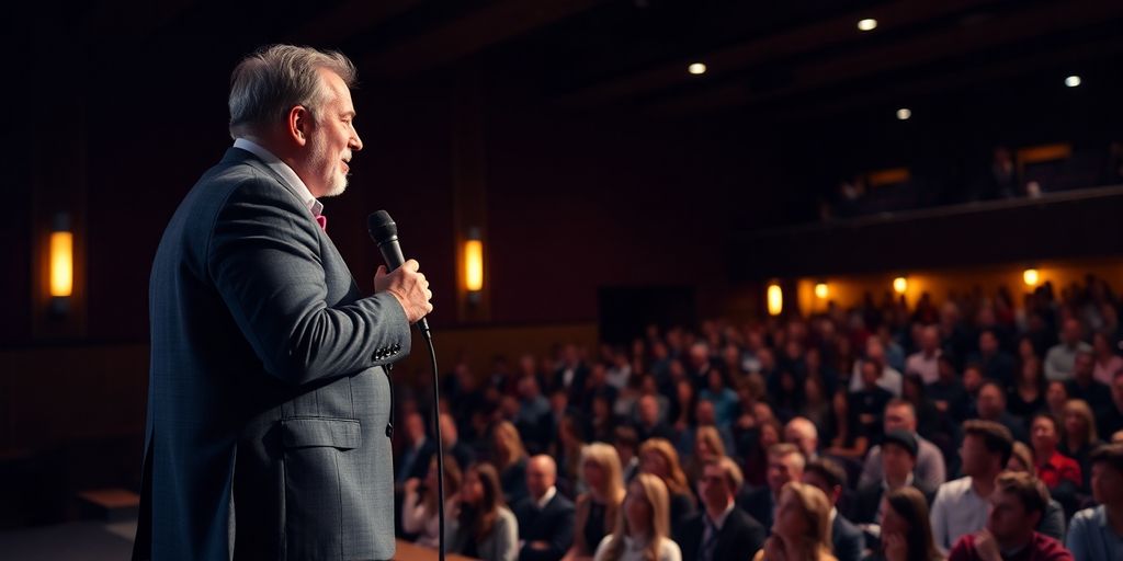 Dynamic speaker engaging attentive audience in an auditorium.