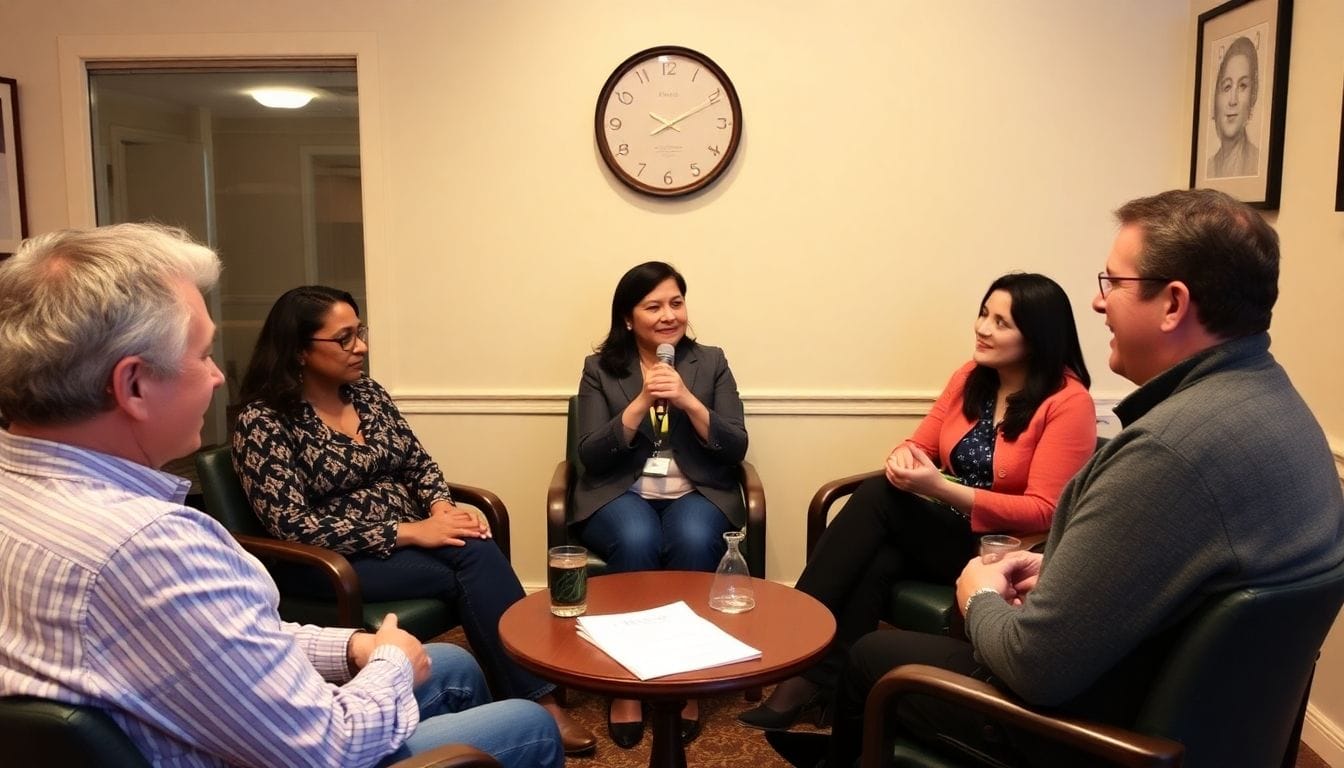 Group of five at a Toastmasters meeting practicing public speaking.