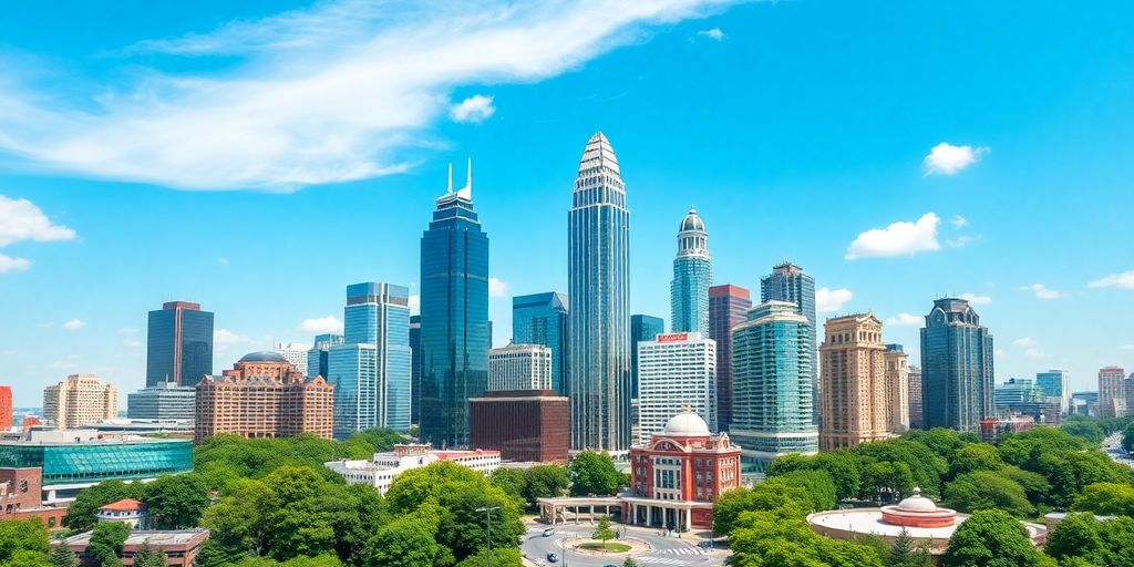 Atlanta skyline with modern buildings and green parks.